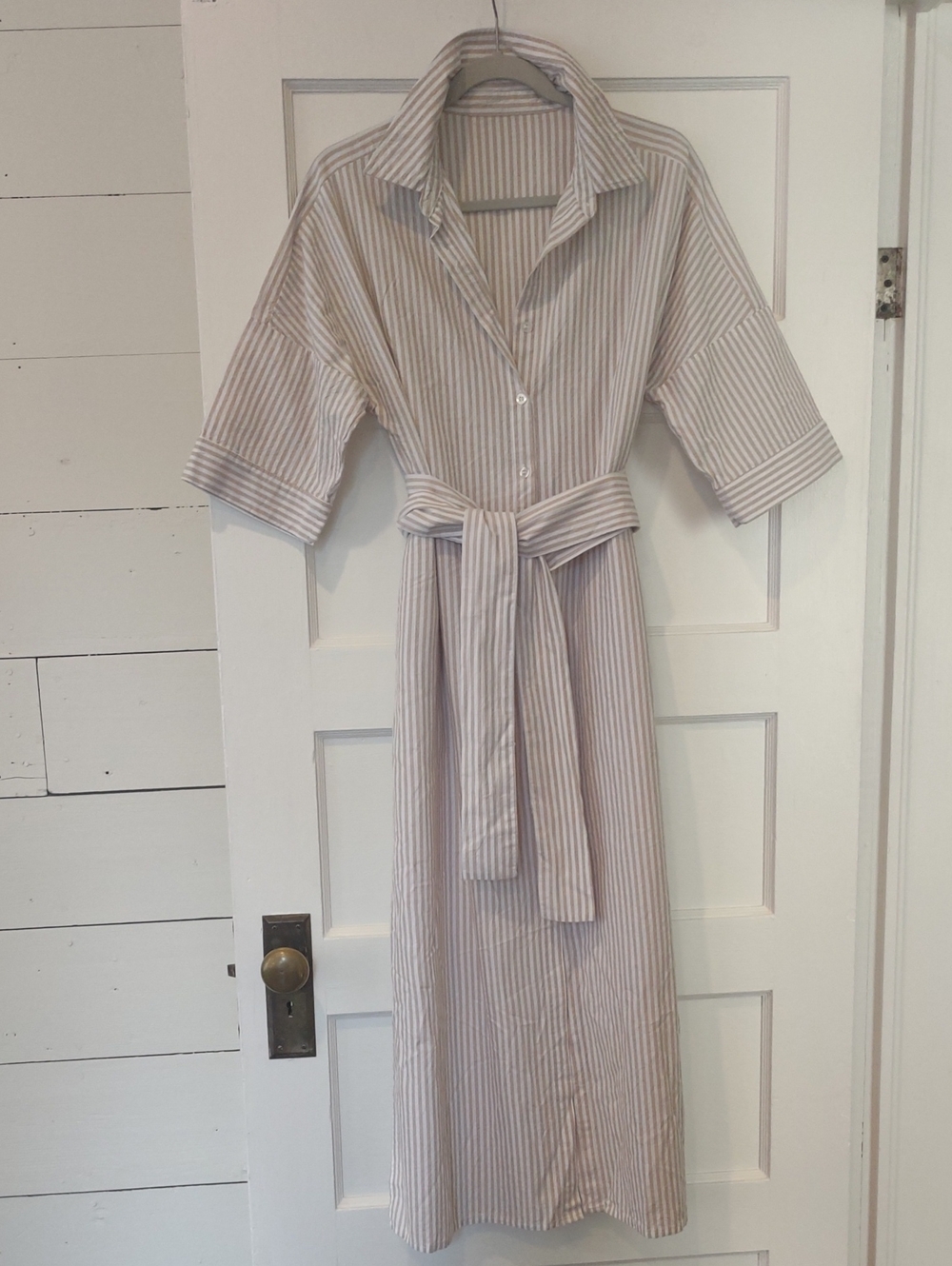 Striped Shirt Dress with Waist Tie - Light Beige